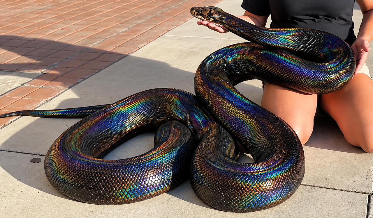 Reticulated python shimmers like oil on water under natural sunlight