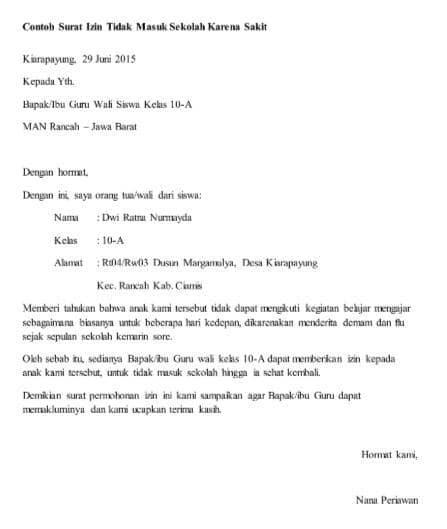10 contoh surat izin tidak masuk sekolah karena sakit