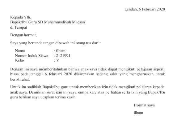 10 contoh surat izin tidak masuk sekolah karena sakit