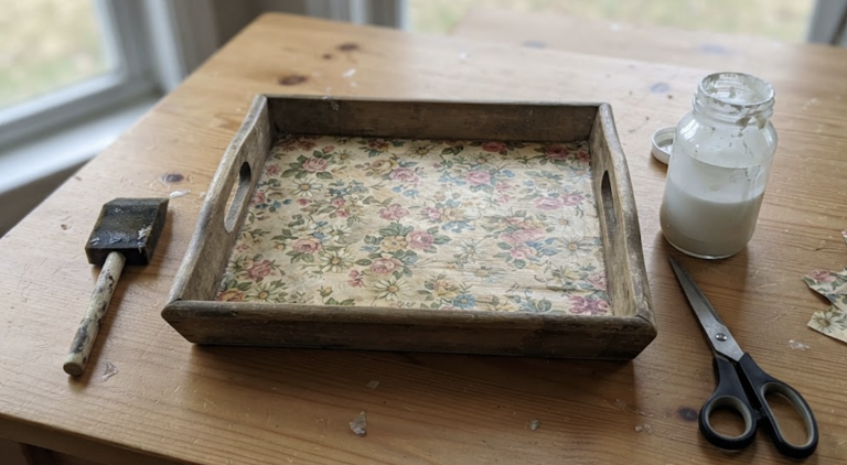 How to give an old wooden serving tray a stunning scrapbook paper makeover
