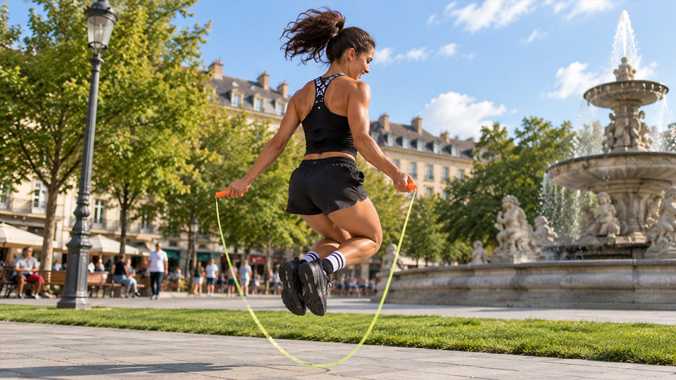 Jump rope girl performs freestyle tricks