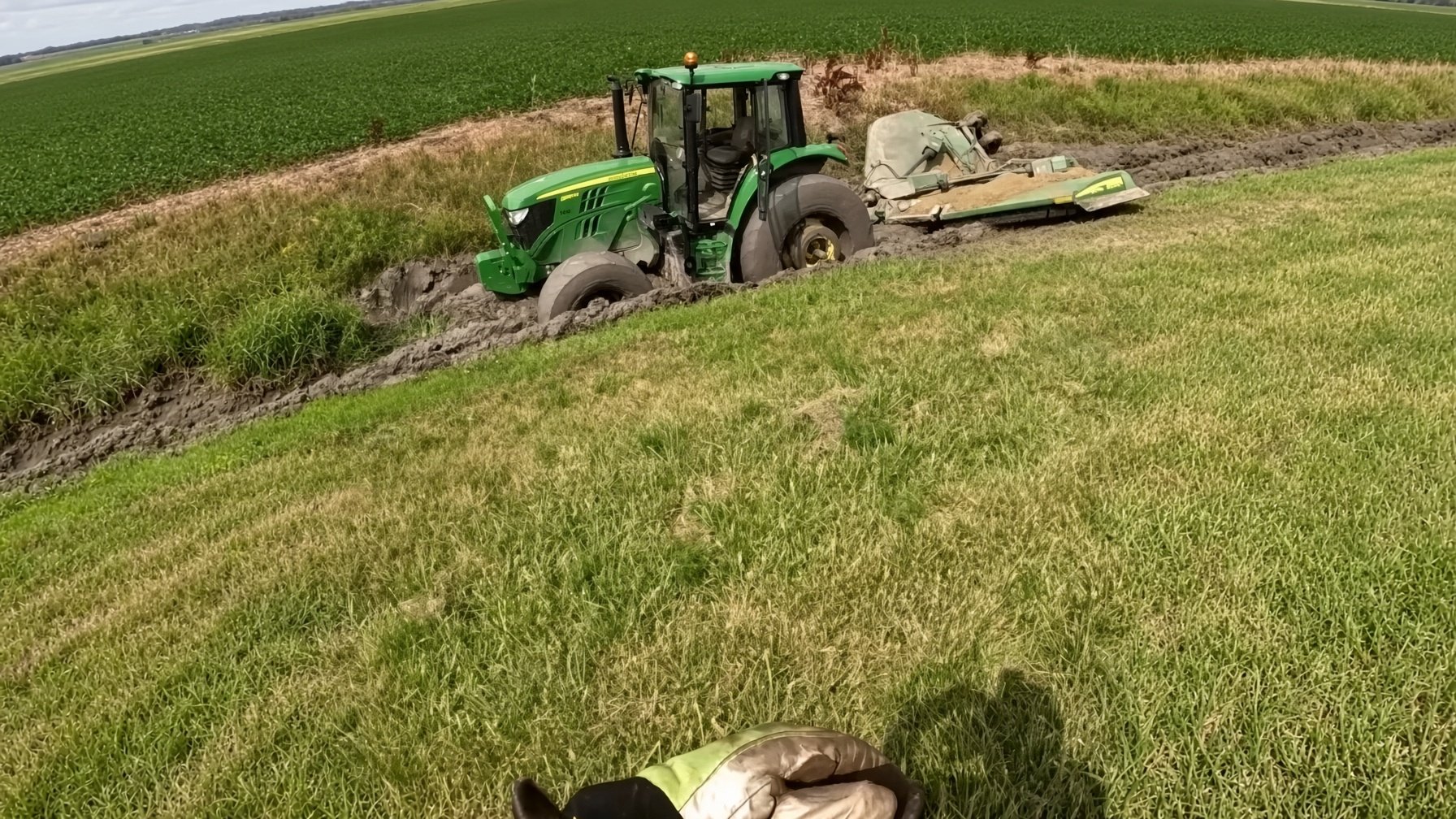 Large tractor stuck in a deep ditch