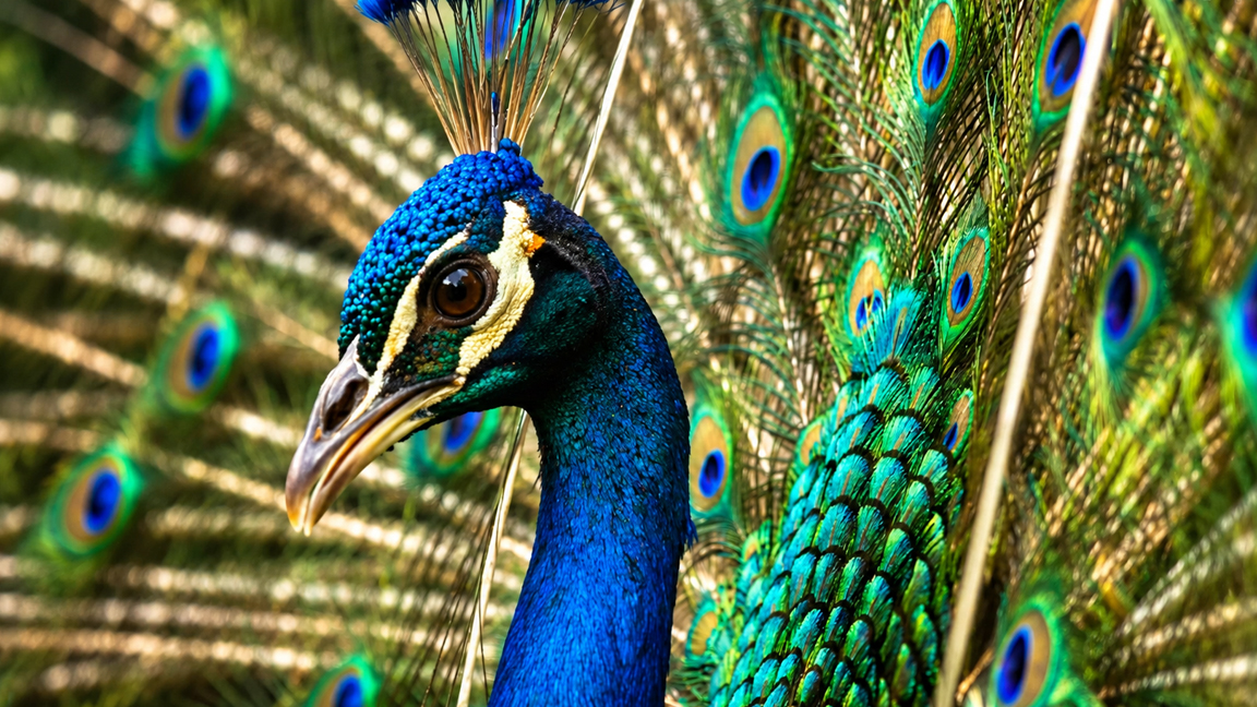 A beautiful peacock surrounded by its dazzling emerald and sapphire ...