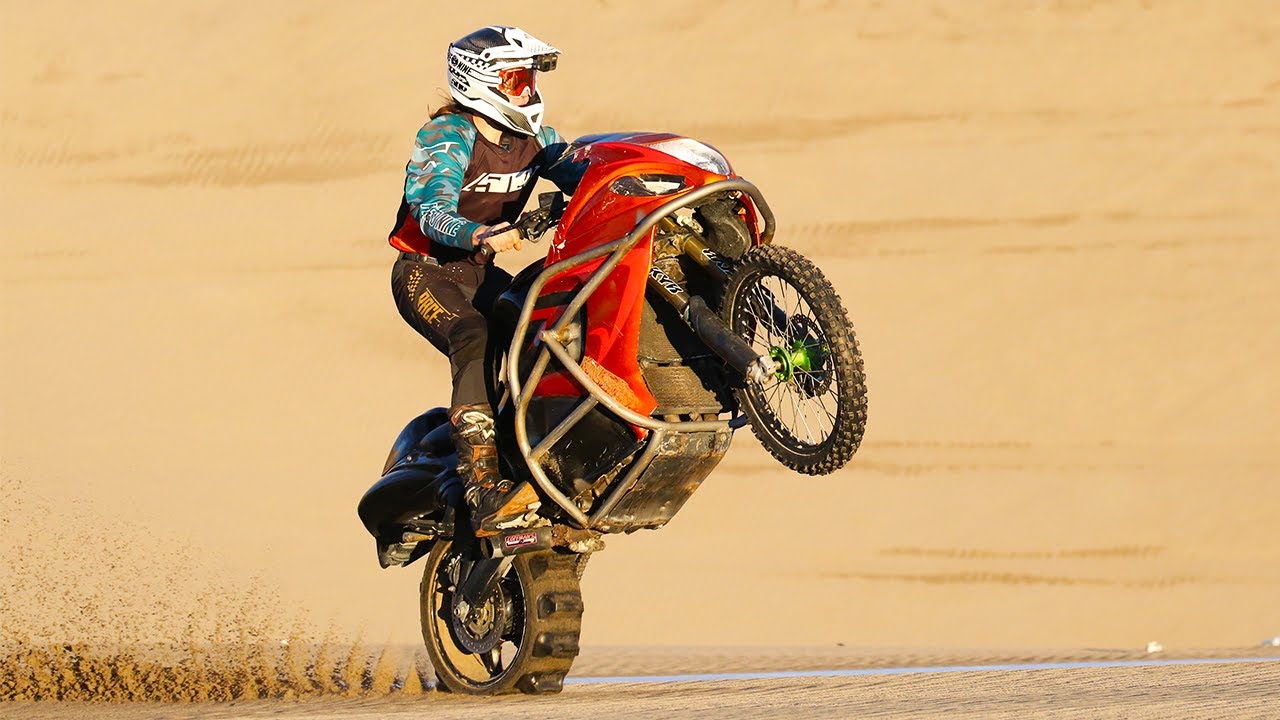 Street bike with paddle tire at sand dunes