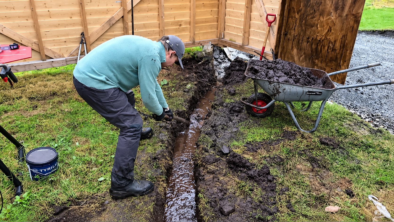 Digging a drainage trench through our farm workshop to stop underground ...