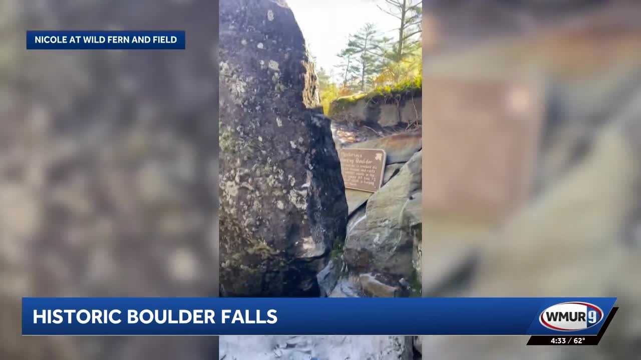 Historic hanging boulder falls in Polar Caves Park