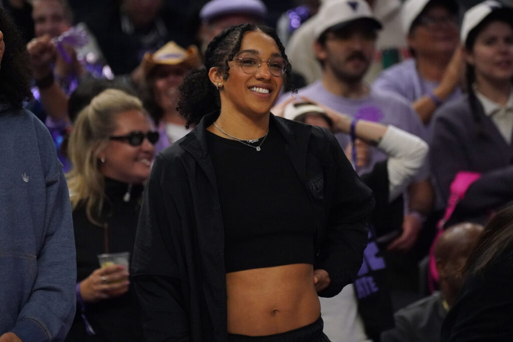 Sep 18, 2026; San Francisco, California, USA; Golden State Valkyries forward Gabby Williams (1) watches warm ups from the sideline before the Portland Fire game at Chase Center. Mandatory Credit: David Gonzales-Imagn Images Credit: IMAGN IMAGES via Reuters Connect (Reuters)