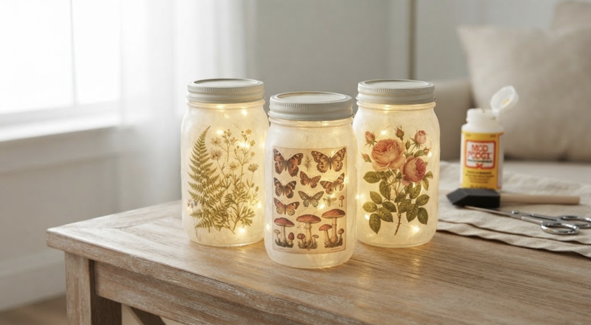 How to create vintage botanical mason jar luminaries using Mod Podge