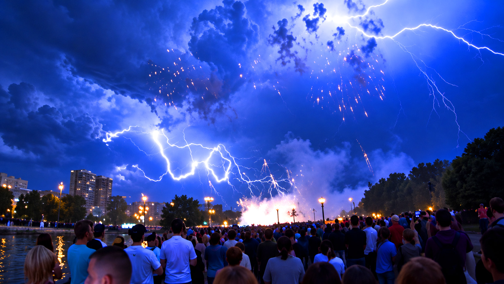 Bright lightning flash illuminates the night sky