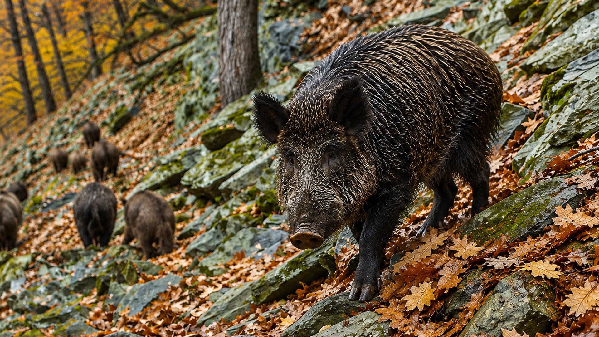 The first boar was not alone on this steep forest slope
