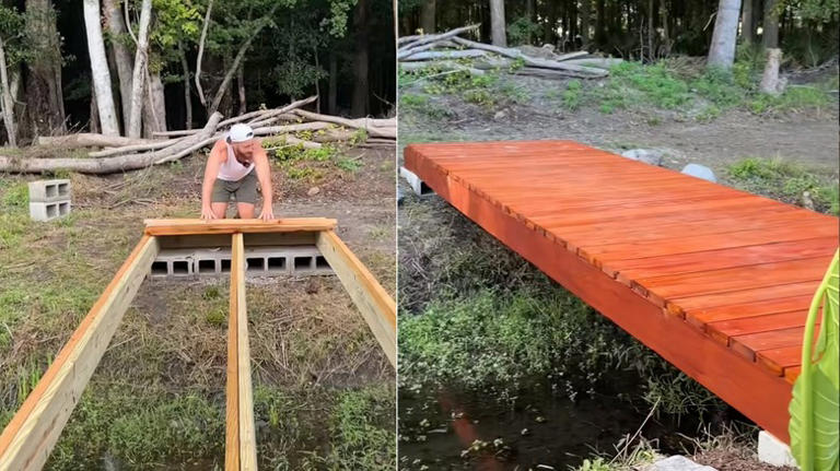 Man Uses Concrete Blocks And Wood To Build A Backyard Bridge With An ...