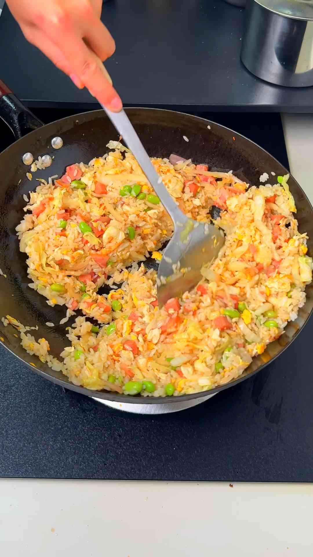 Double meat egg fried rice with bacon and luncheon meat