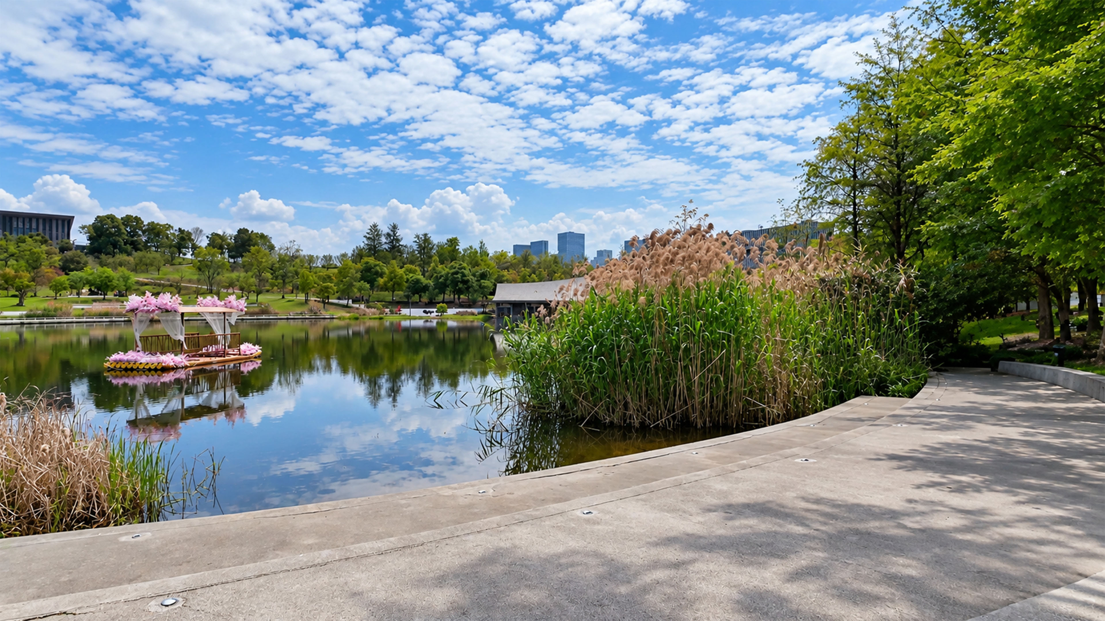Quiet lake reflects this green urban park in China
