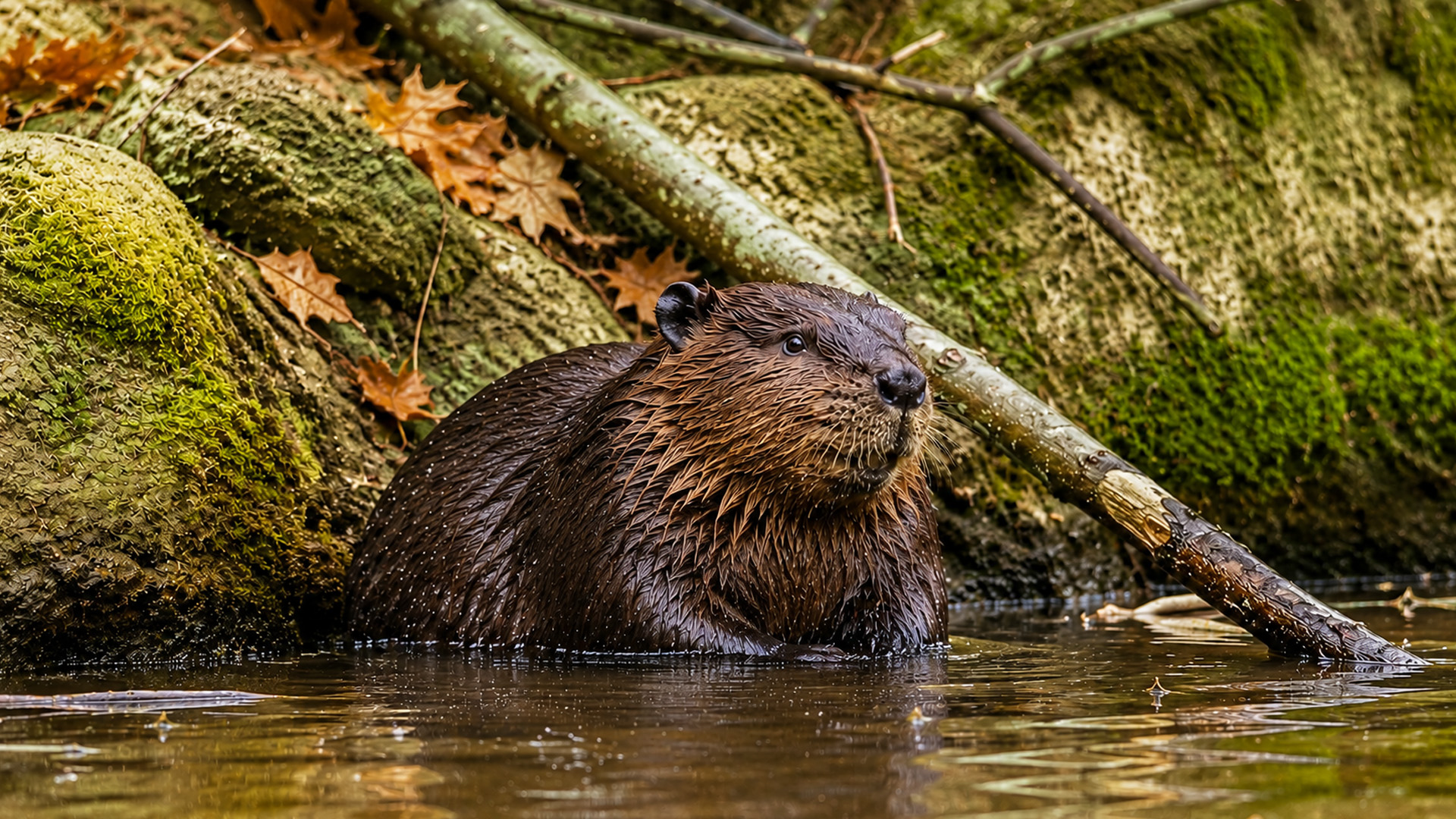 Beside this mossy bank a beaver suddenly rose from the water