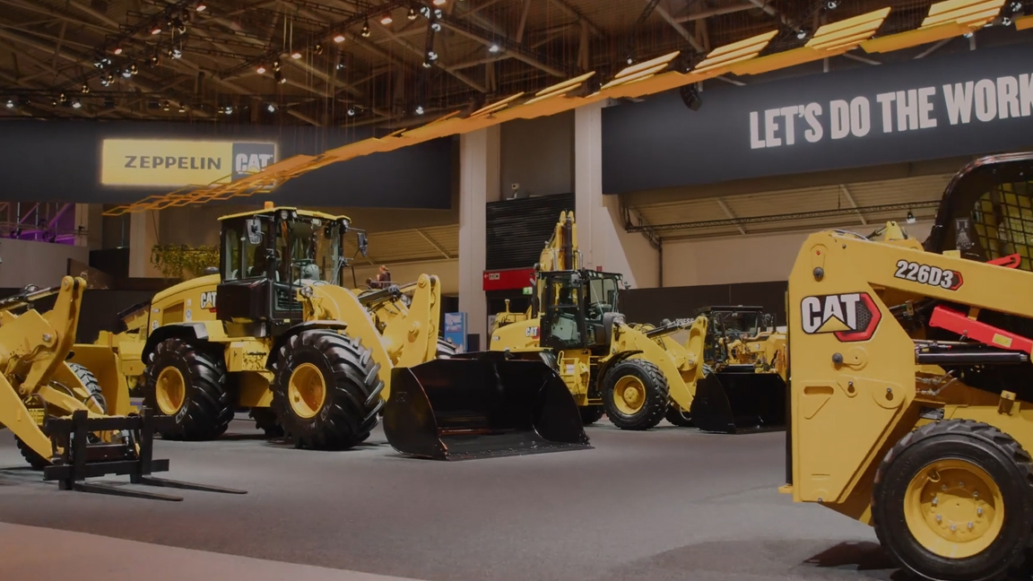Large wheel loaders and construction machines at heavy equipment expo