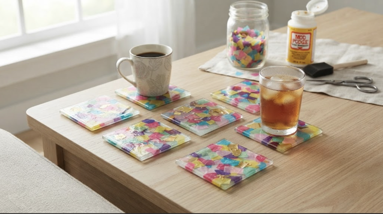 How to create colorful confetti glass coasters using Mod Podge