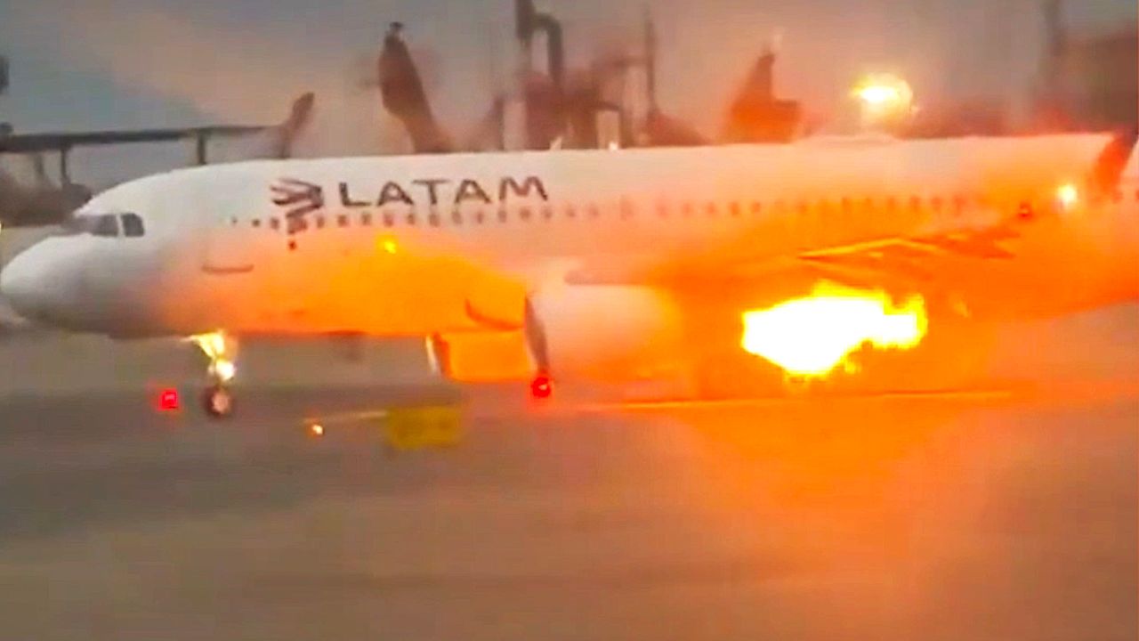 Terrifying moment LATAM engine erupts in flames