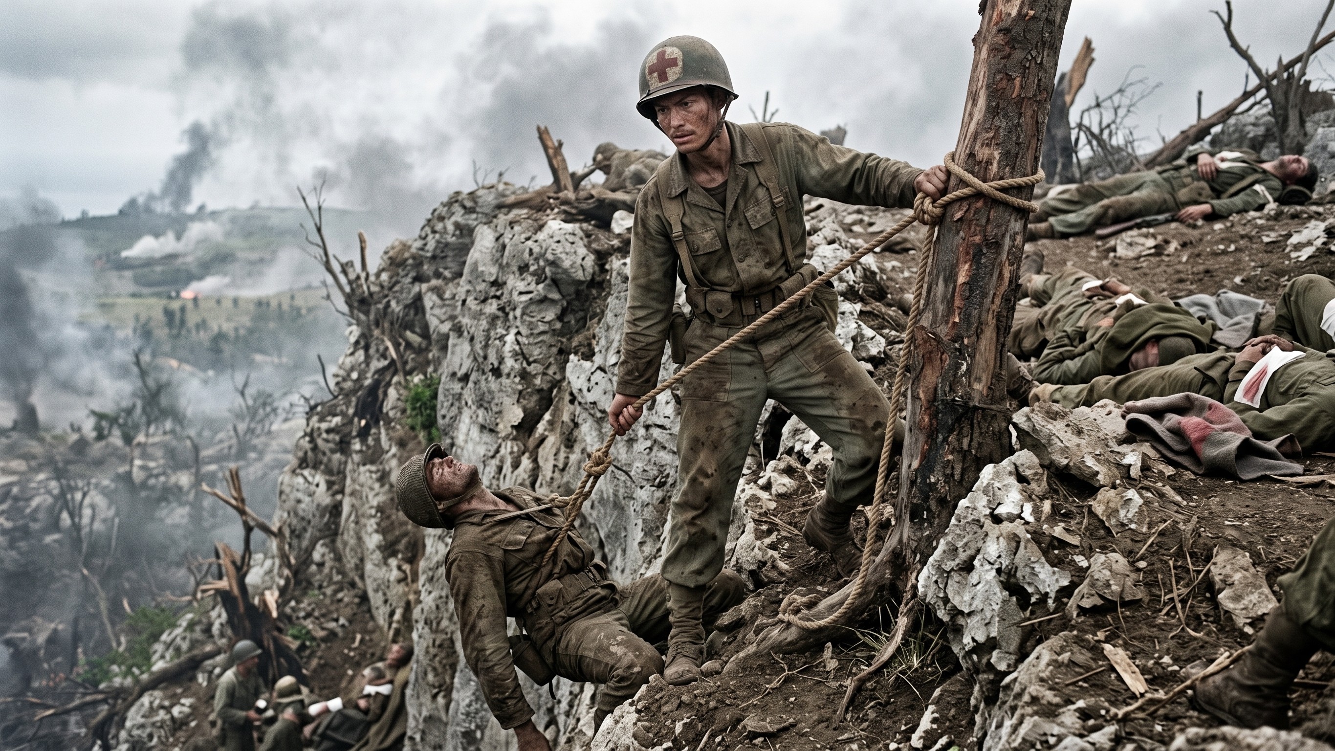 Desmond Doss lowered 75 wounded soldiers down Hacksaw Ridge with a rope