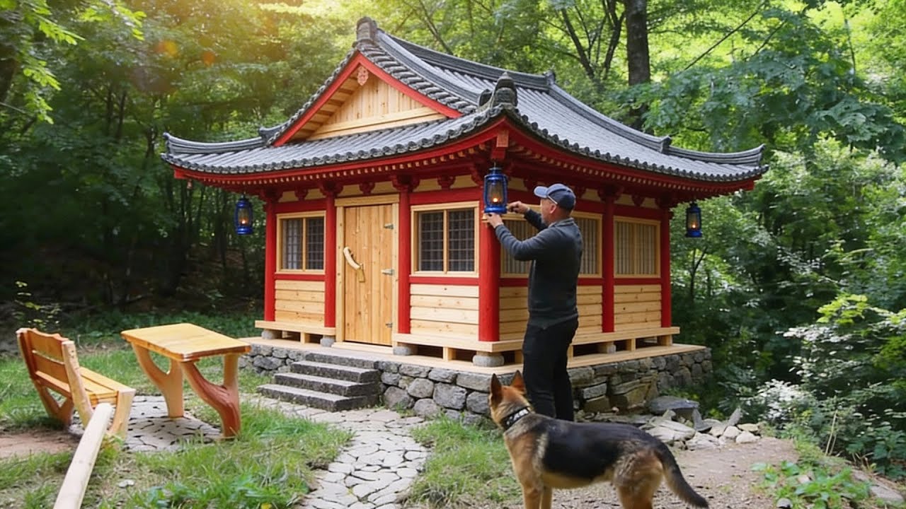Building a bushcraft wooden house with stone walls in 45 days | Full ...