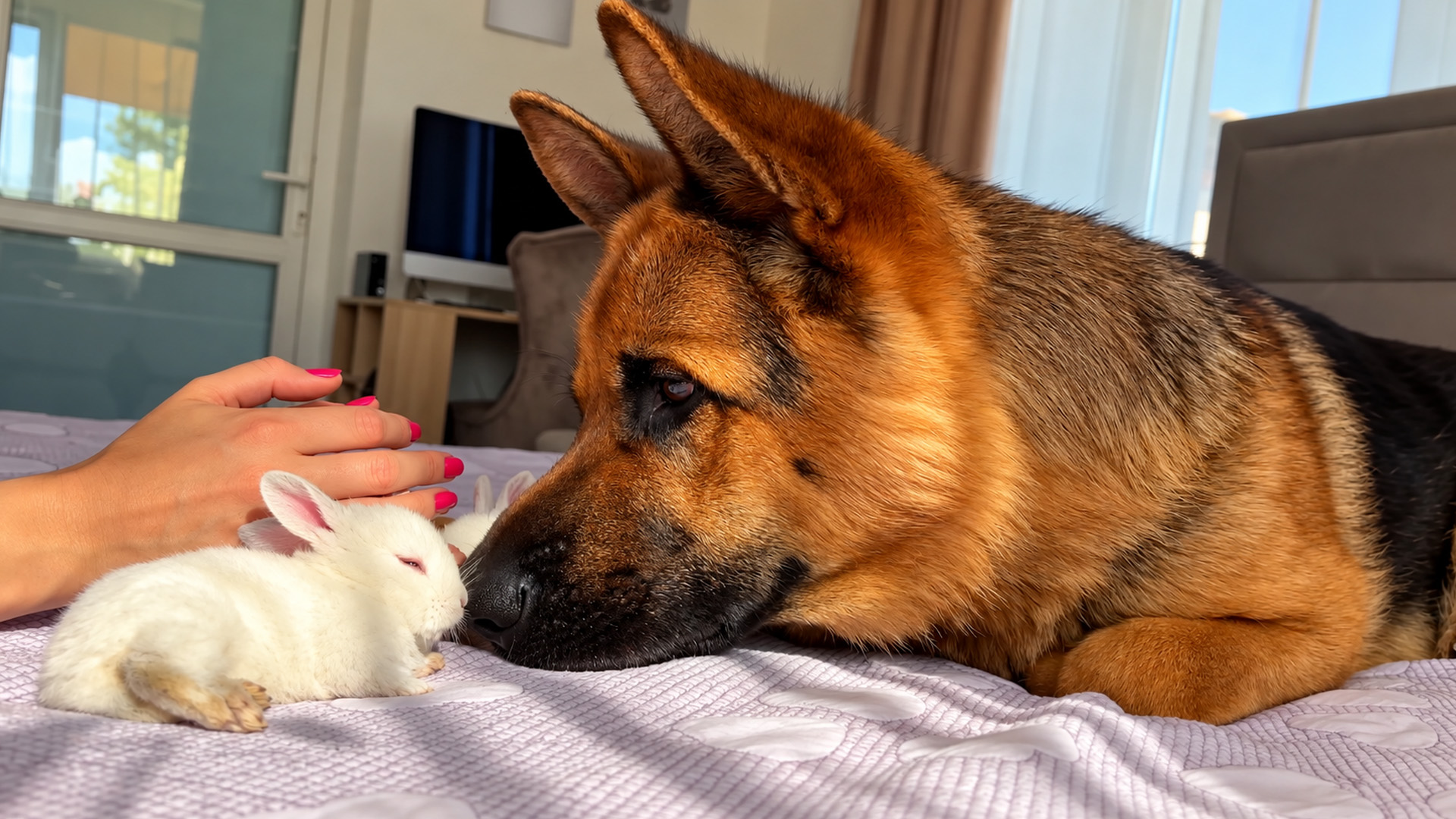 A German shepherd gently sniffs the tiny bunnies sleeping nearby