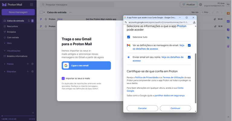Aceda ao Gmail através do Proton Mail