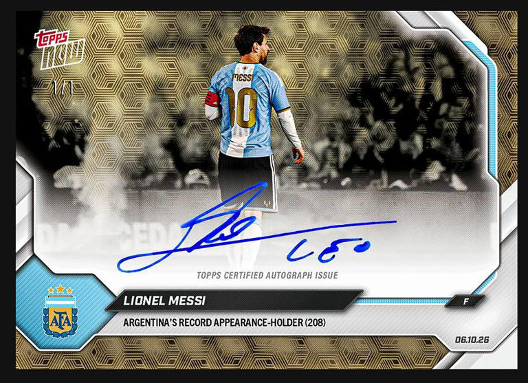 One of four 1/1 Lionel Messi autograph chase cards celebrates his record number of appearances for Argentina. | Fanatics