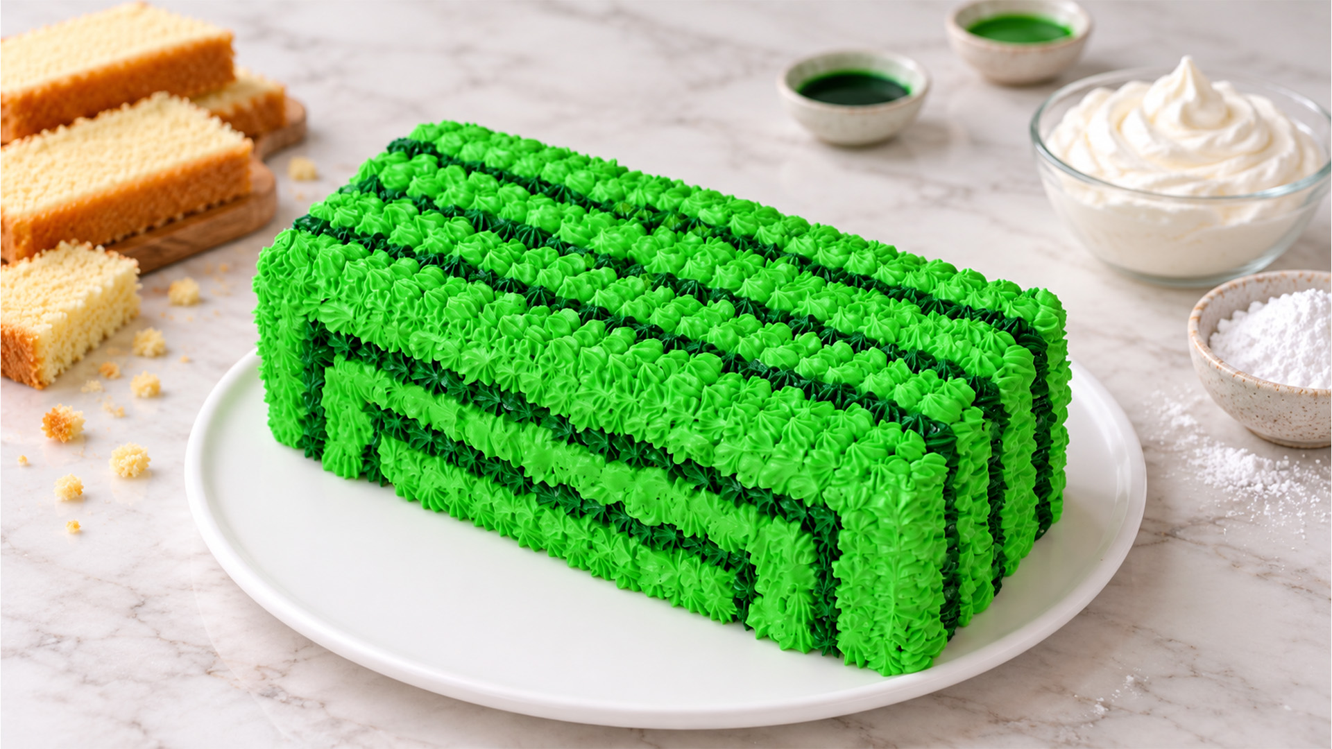 Soft sponge cake with green cream ribbons
