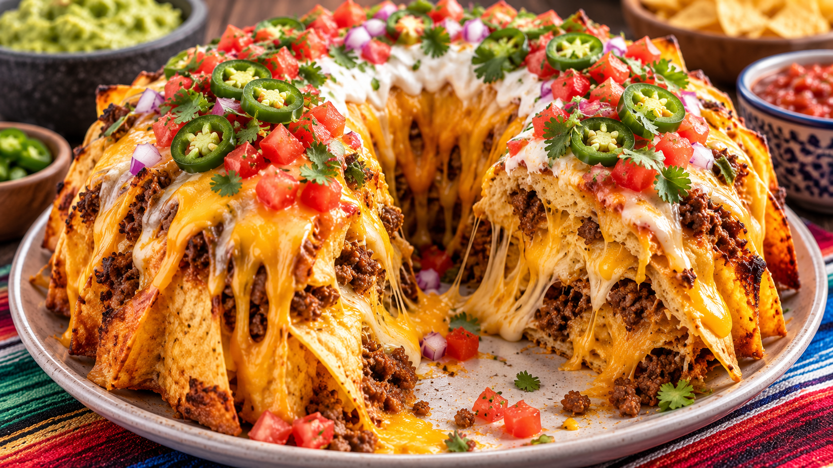 Bundt pan nachos layer chicken, cheese and toppings for parties