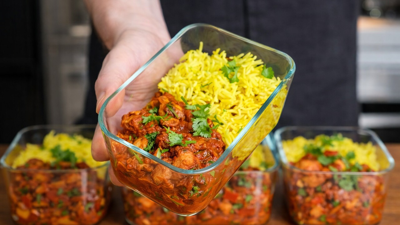 Chicken jalfrezi meal prep with 48g of protein per serving