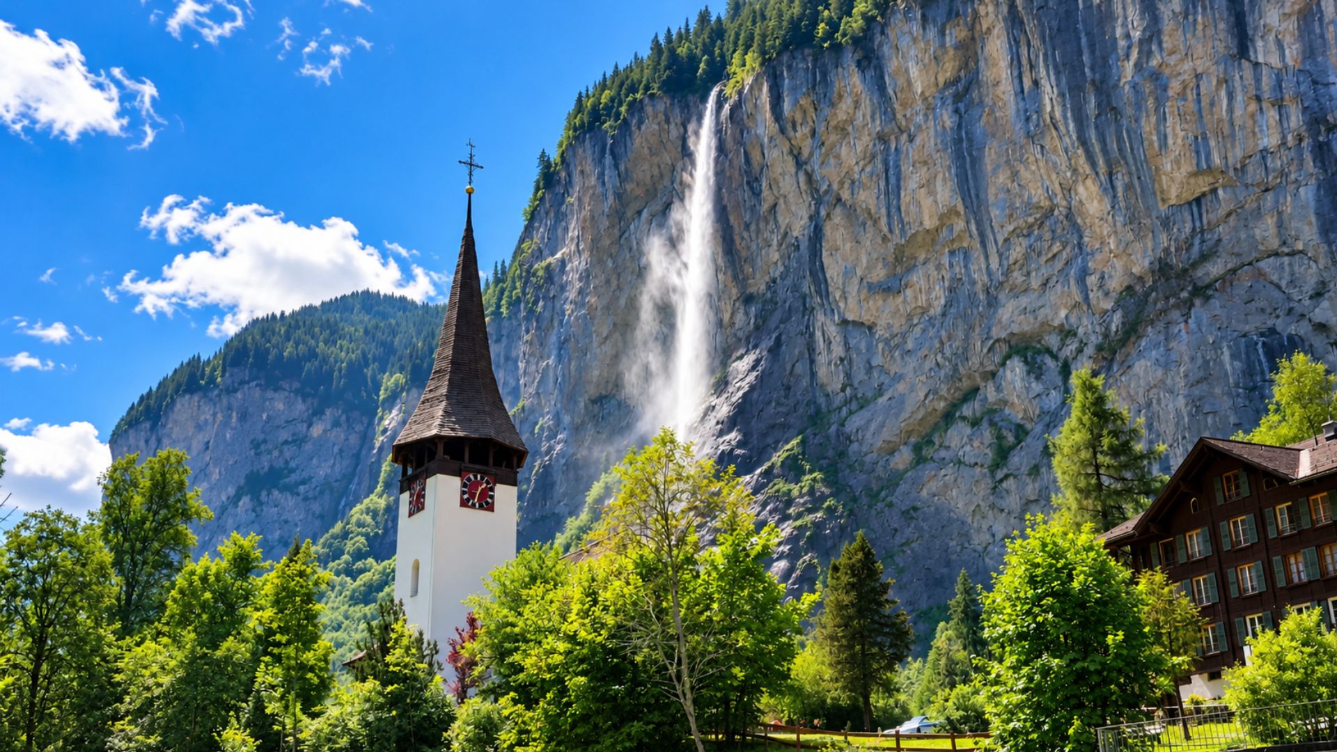 Where Lauterbrunnen’s famous waterfall meets a Swiss village church (4K)