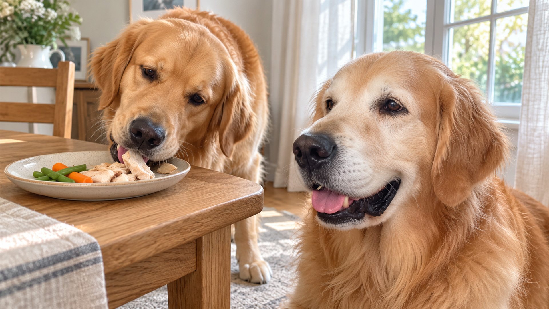 Golden retriever grandpa takes food tasting seriously