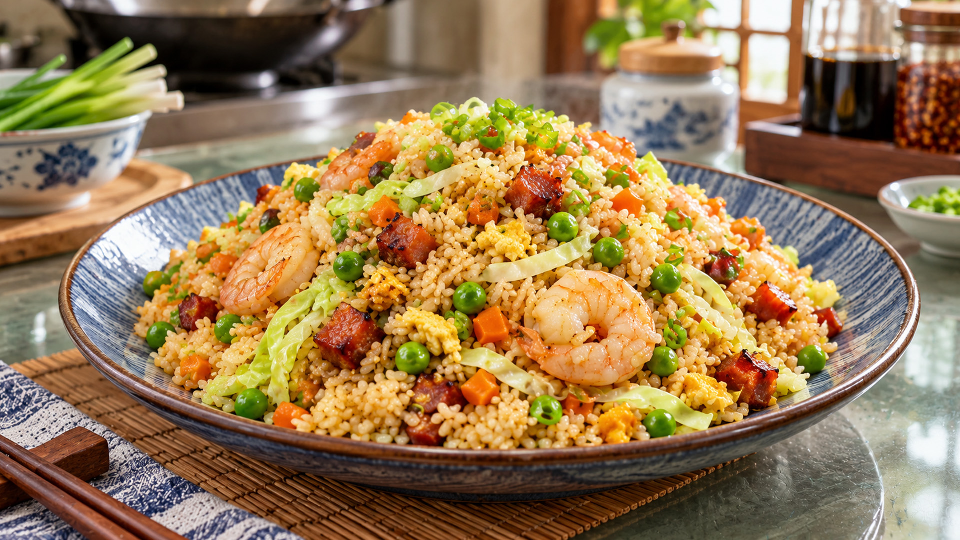 Shrimp and barbecue pork make this fried rice special