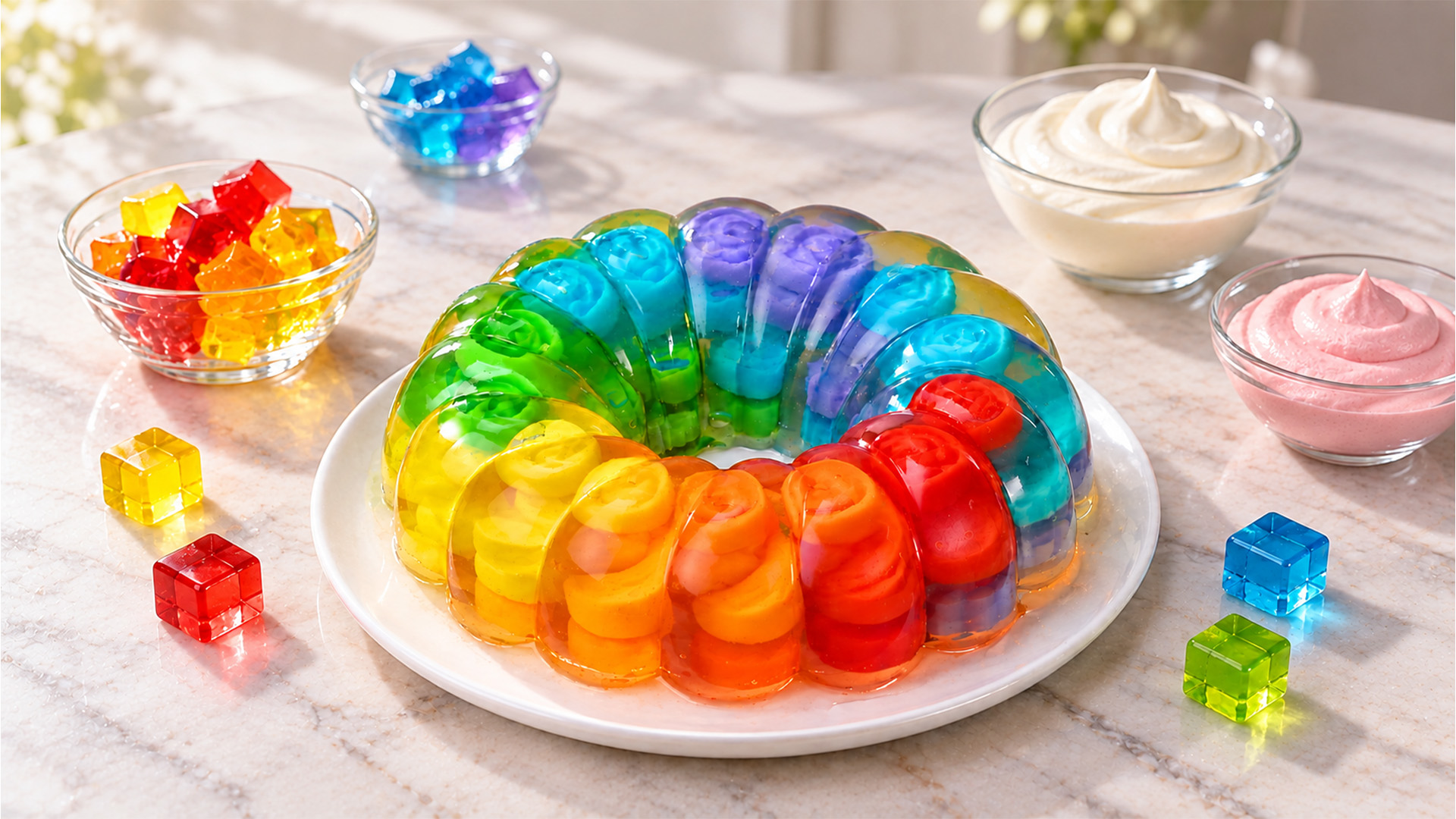 Rainbow jelly ring with colourful mousse shapes