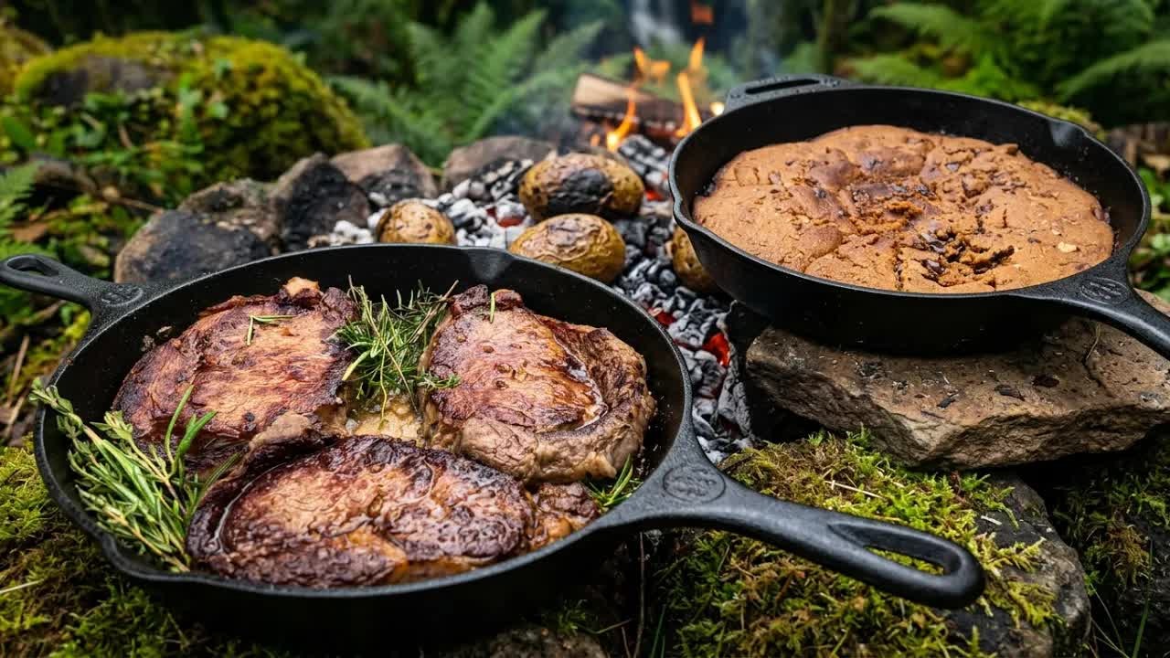 Ribeye steaks cooked over fire with coal-roasted potatoes and skillet ...