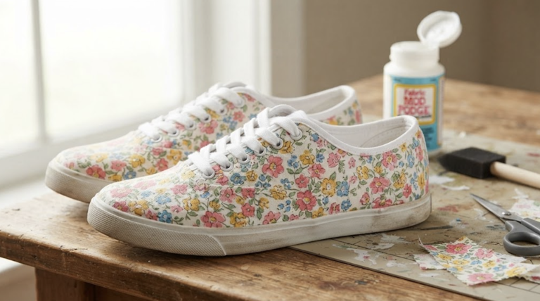 How to create custom decoupage fabric sneakers using Mod Podge
