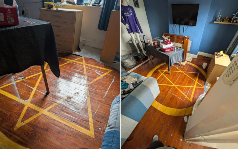 Woman renovating living room discovers 'spooky' symbol under flooring