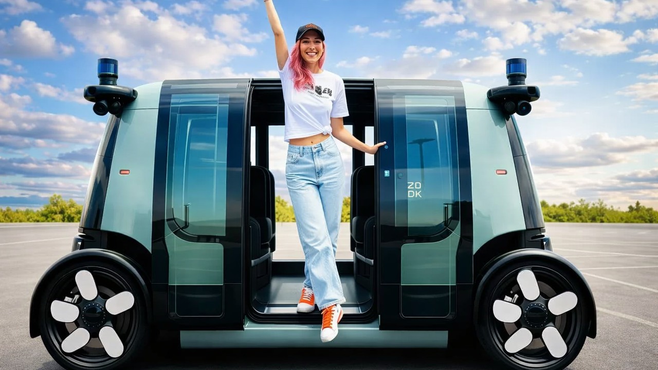 A passenger takes a ride in a driverless Zoox robotaxi