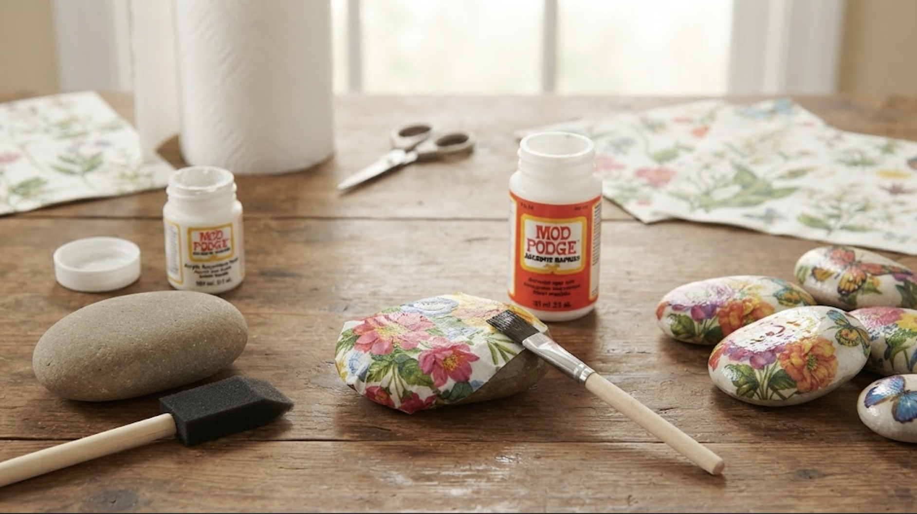How to create charming decoupage garden rocks using Mod Podge and napkins