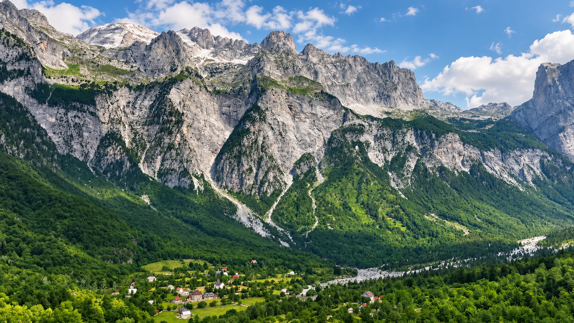 A small village beneath the giant mountains of Albania