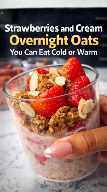 Strawberries and cream overnight oats for a delicious hot or cold breakfast
