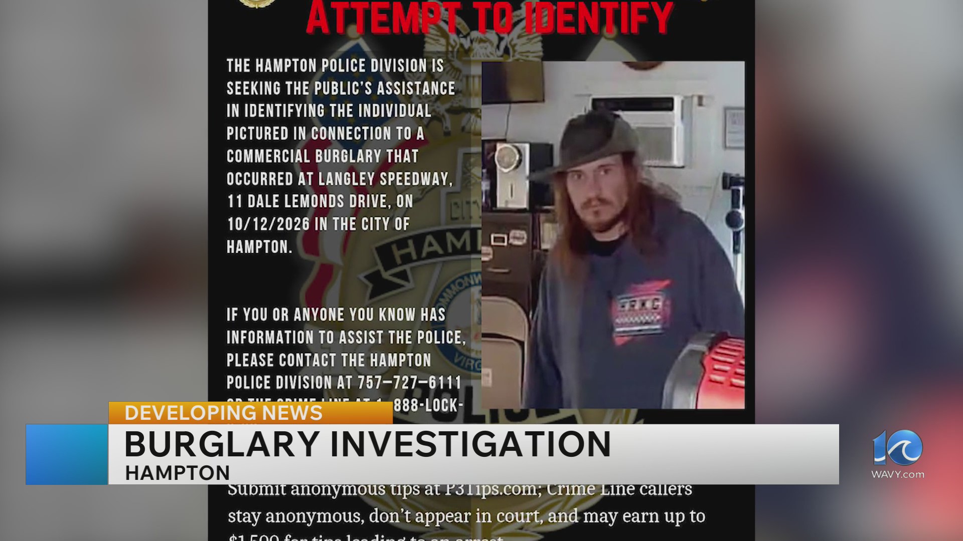 Burglary suspect sought at Langley Speedway