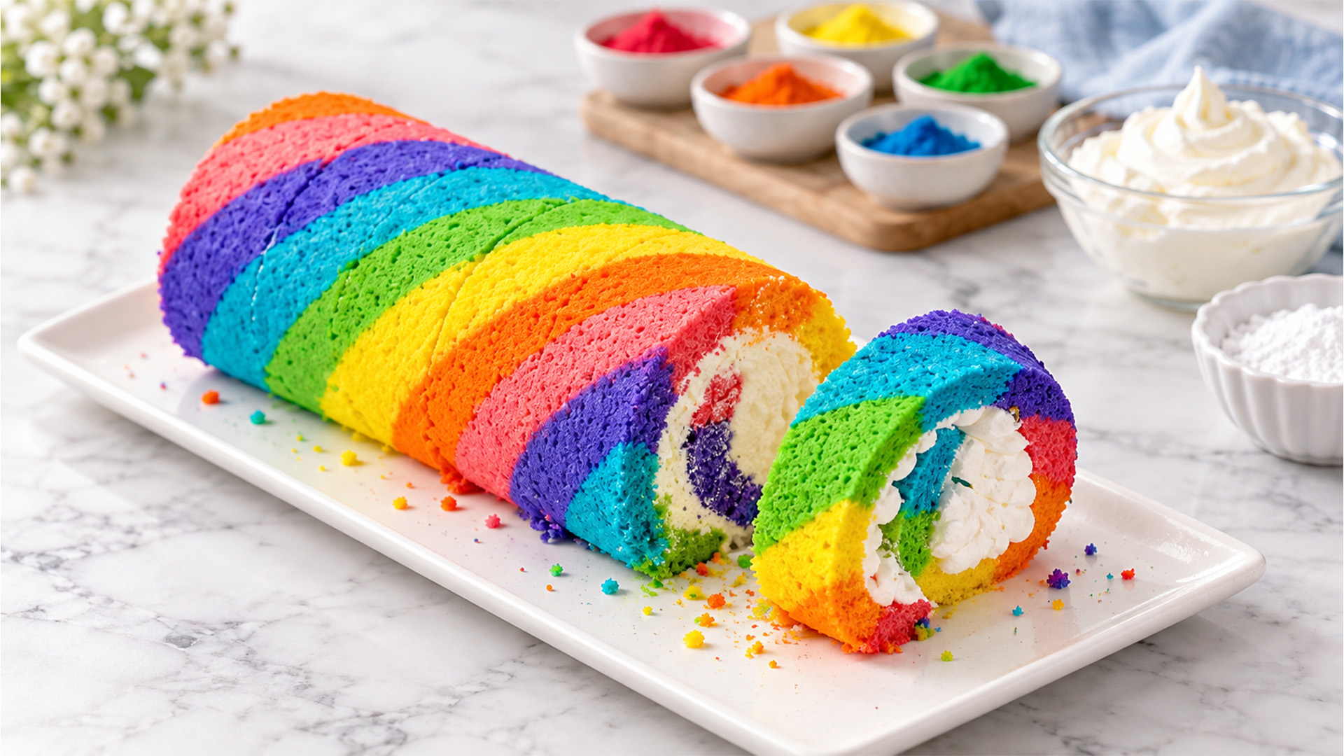 Rainbow sponge roll with whipped cream swirl