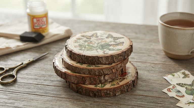 How to create stunning decoupage wood slice coasters using Mod Podge