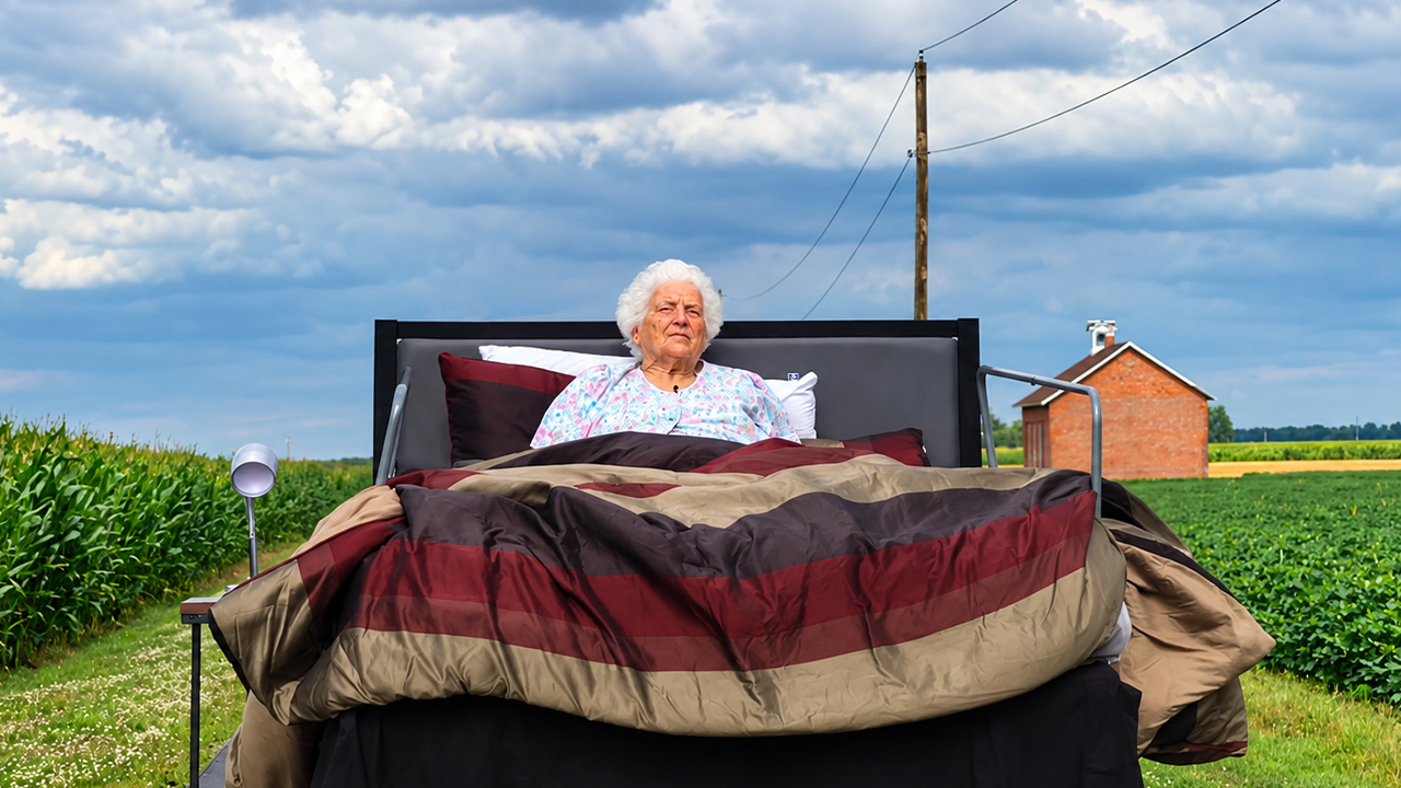Granny takes her bed for a ride around town