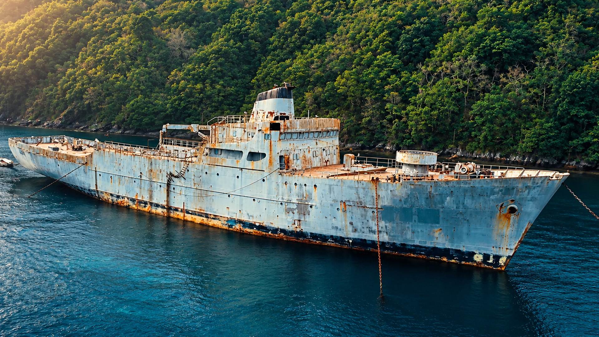 A giant abandoned ship left rusting near a forest