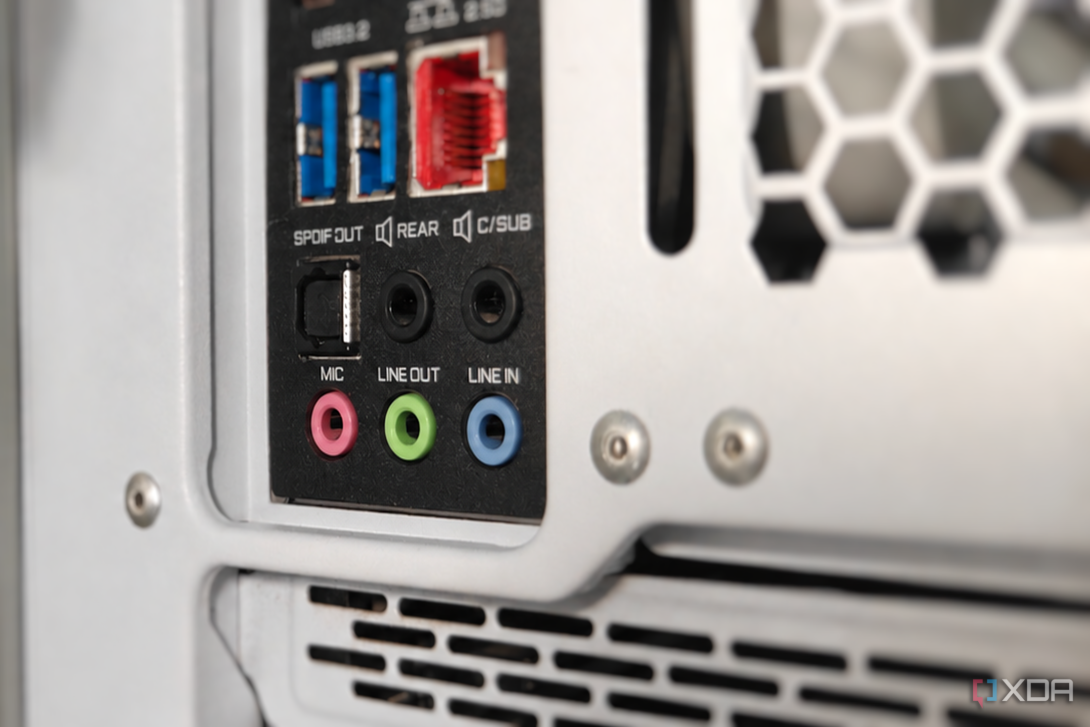 Your motherboard's audio jacks are still color-coded by a 1999 standard ...