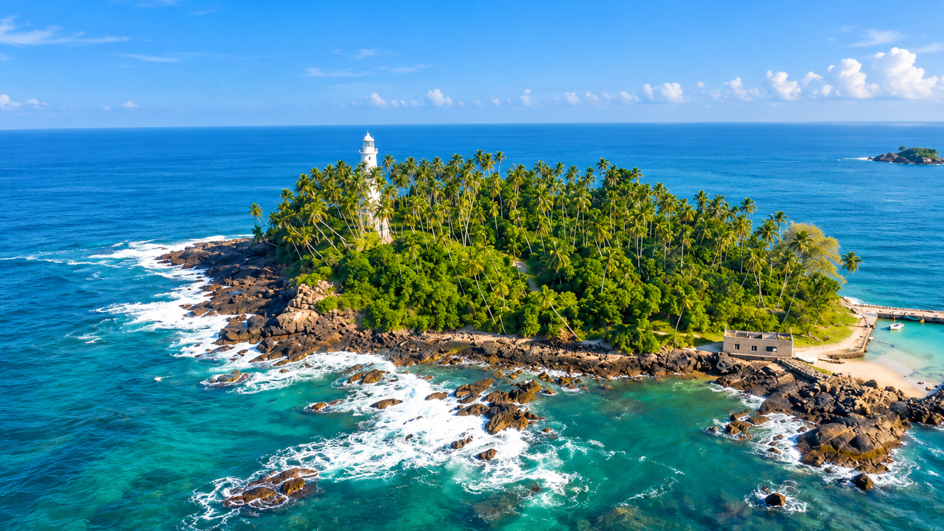 The lighthouse standing alone among hundreds of palm trees