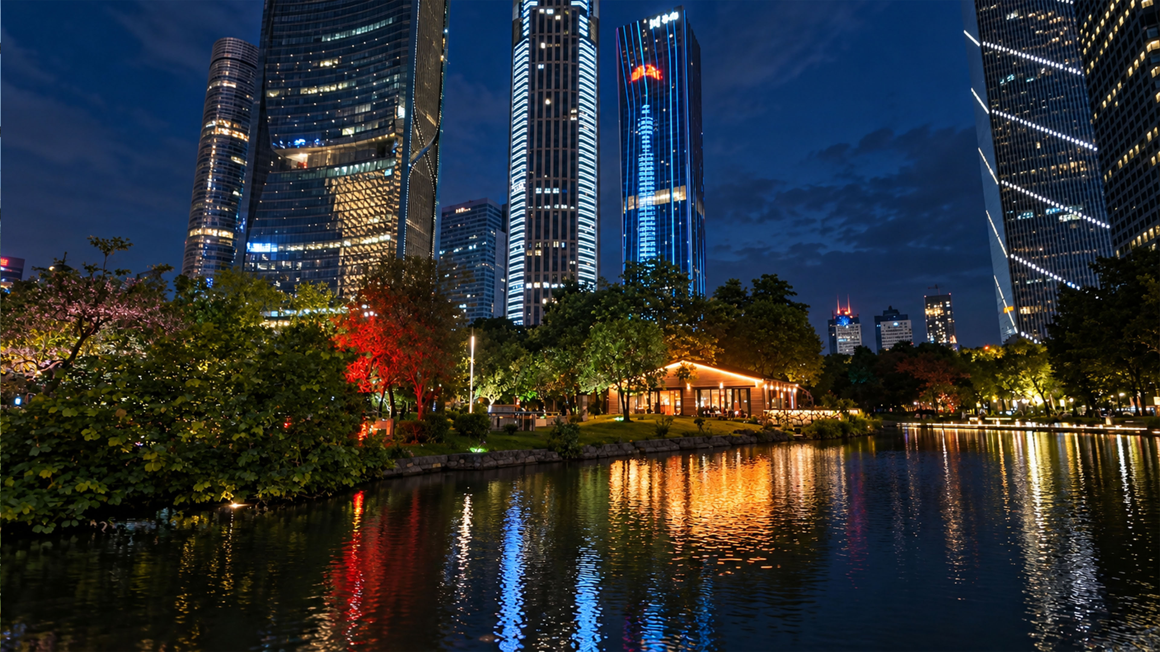 Small lakeside building surrounded by China's towering glass skyscrapers