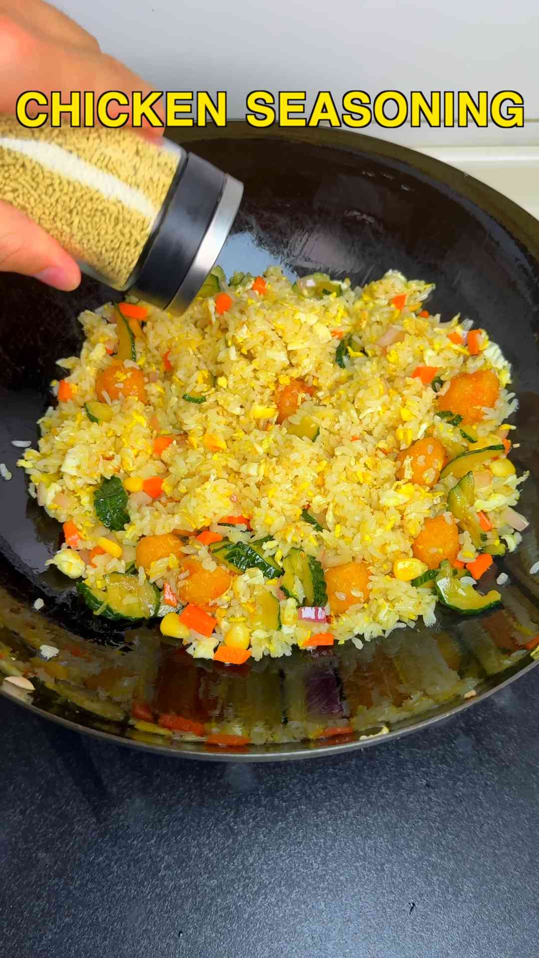 Crispy popcorn chicken egg fried rice with pickles