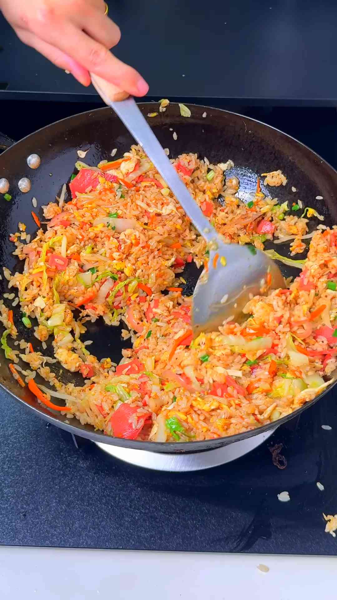 Crispy bacon egg fried rice with crunchy vegetables
